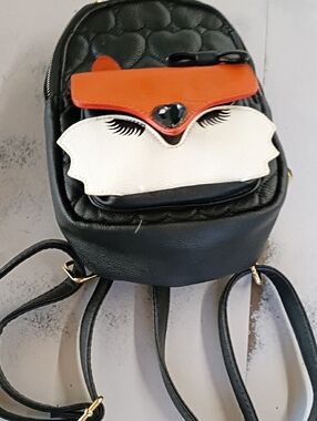 Black Faux Leather Fox Face Mini Backpack with Orange Accent